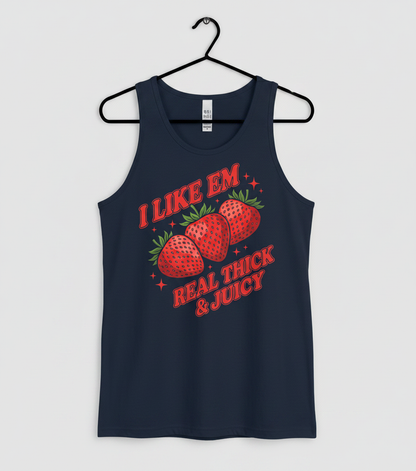 I Like Em Real Thick & Juicy Strawberries Funny Retro Design Tank Top - Navy