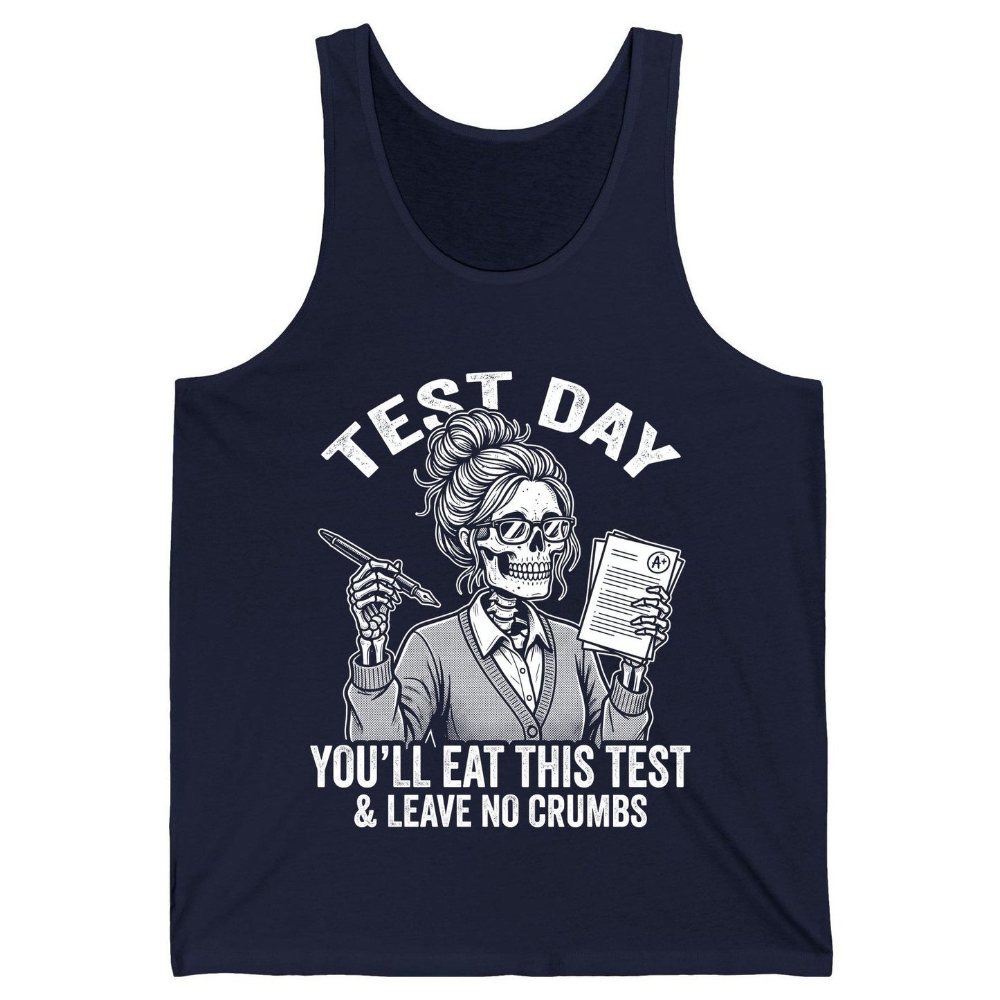 You'll Eat This Test & Leave No Crumbs Funny Day Tank Top - product mockup - Navy