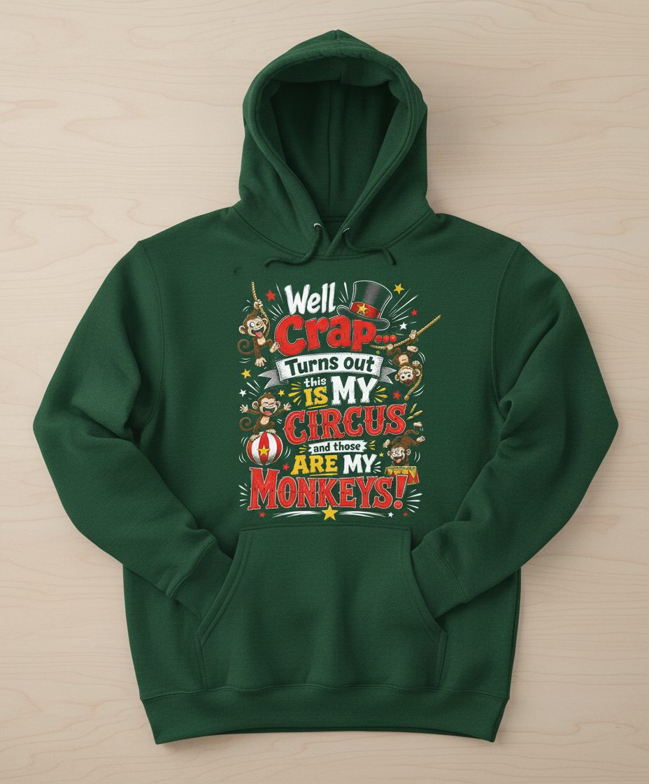 Well Crap Turns Out This IS MY CIRCUS and Those ARE MY Monkeys Hoodie - product mockup - Forest Green