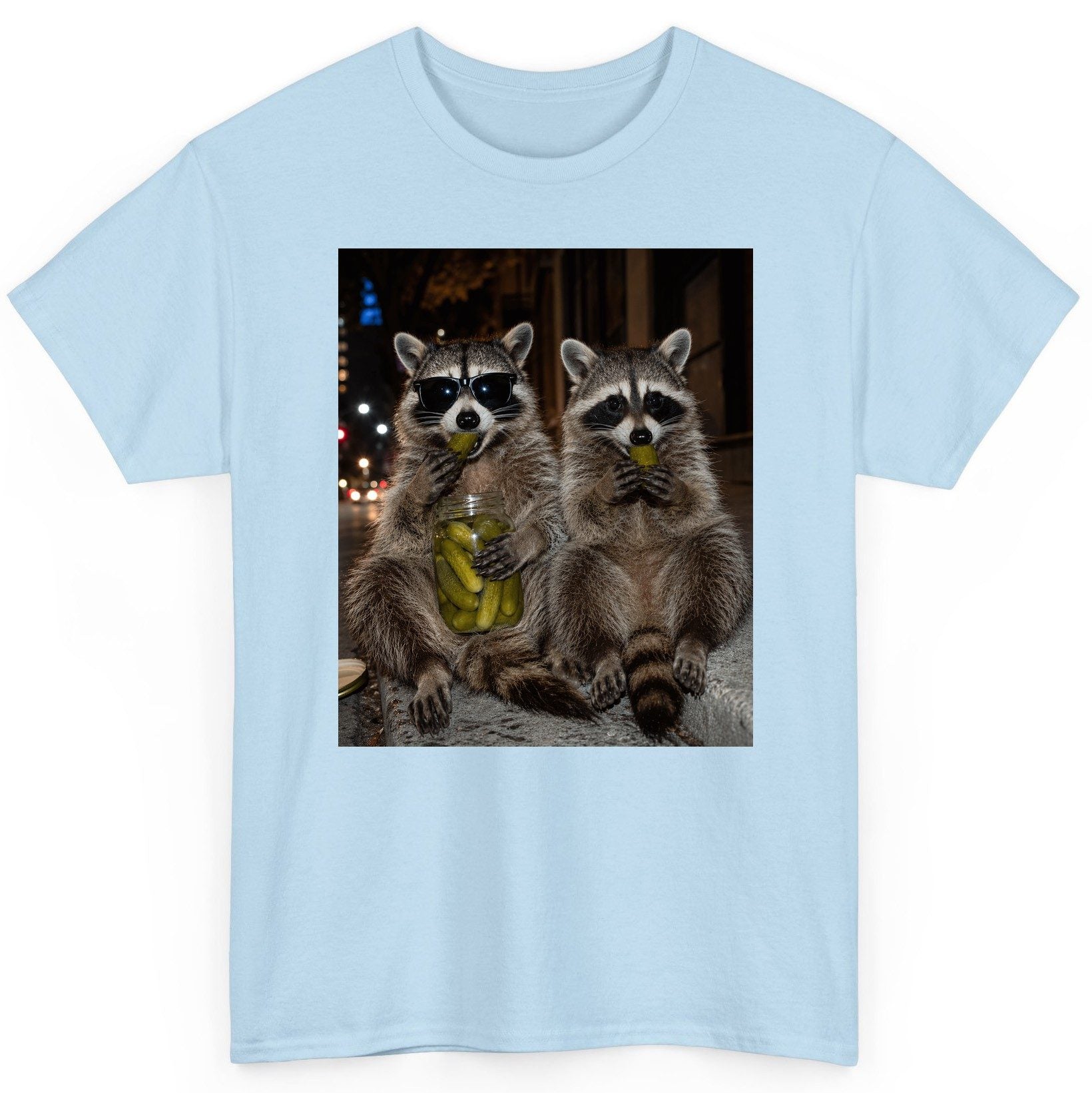 Raccoons Eating Pickles Funny Animal Lovers T-Shirt - product mockup - Light Blue