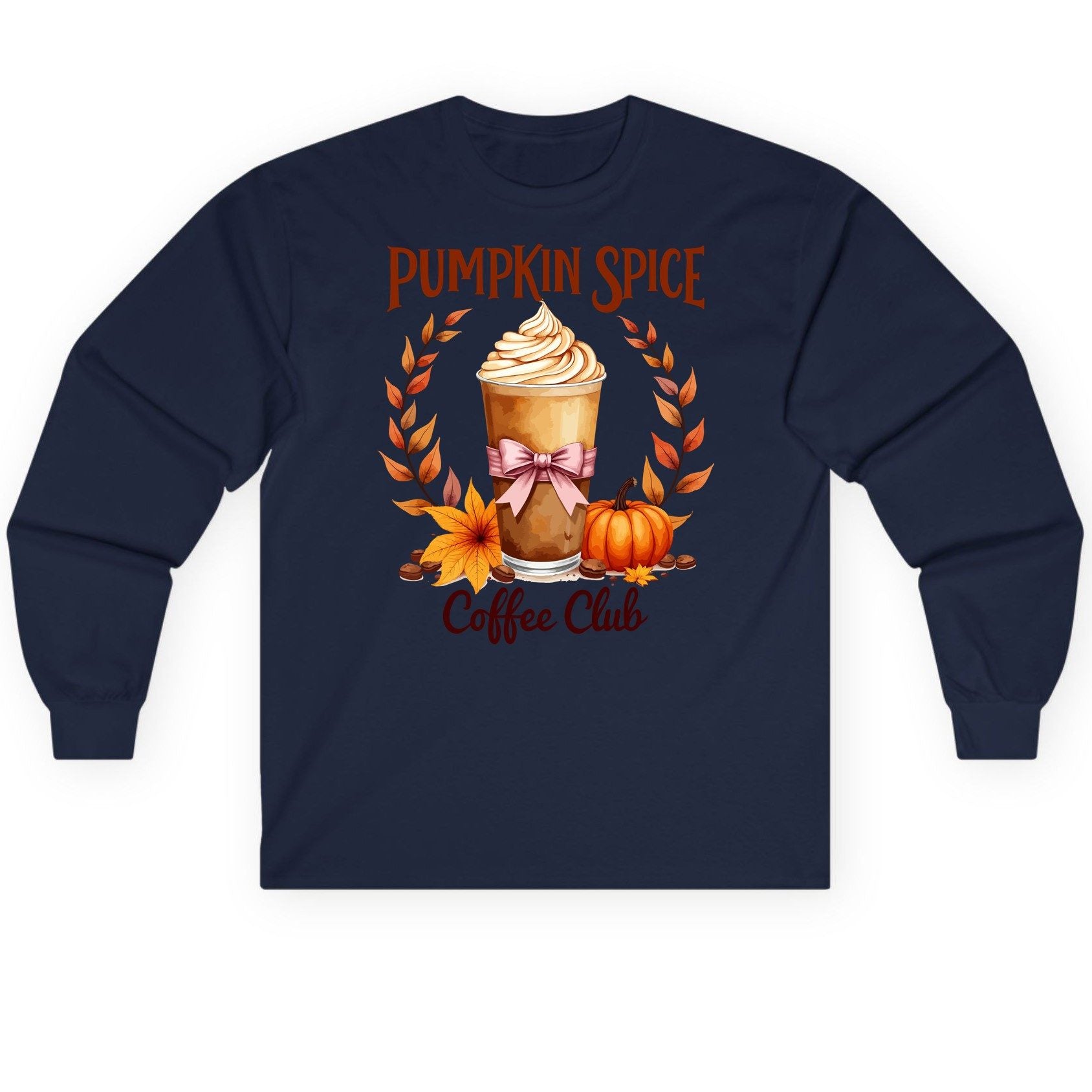 Pumpkin Spice Coffee Club pumpkin spice latte Long Sleeve Tee Navy product mockup