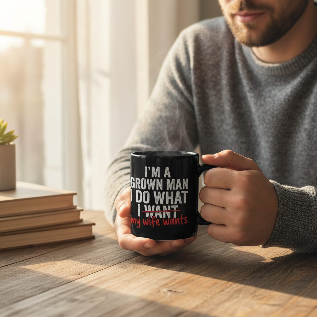 I'm a Grown Man I Do What I Want My Wife Wants Black Mug - lifestyle model mockup - Black