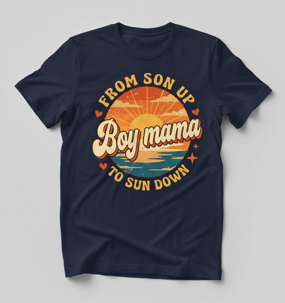 From Son Up to Sun Down Boy Mama Retro Mothers of Sons T-Shirt - product mockup - Navy
