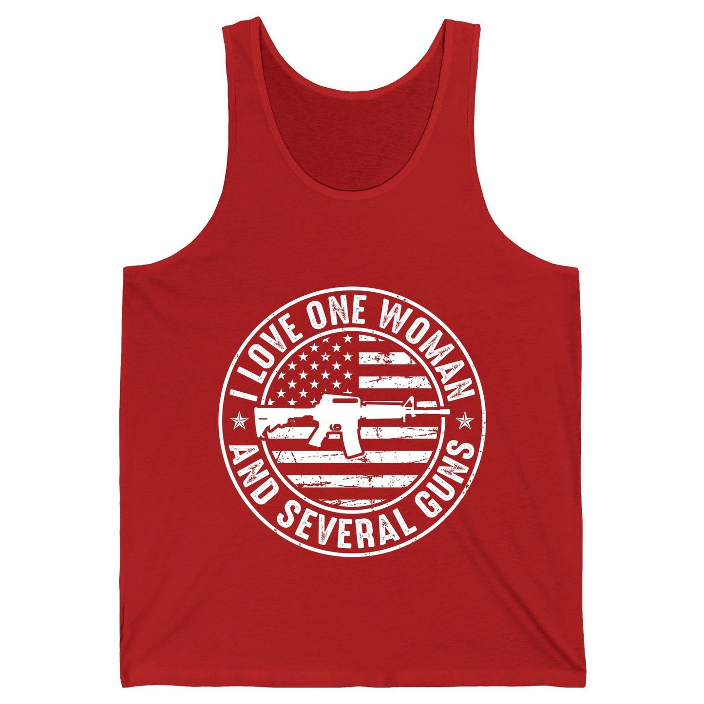 I LOVE ONE WOMAN AND Several GUNS Funny Gun Owners Tank Top - product mockup - Red