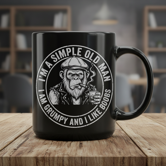 Grumpy Old Man Ape with Whiskey and Cigar Funny Quote Black Mug - Black