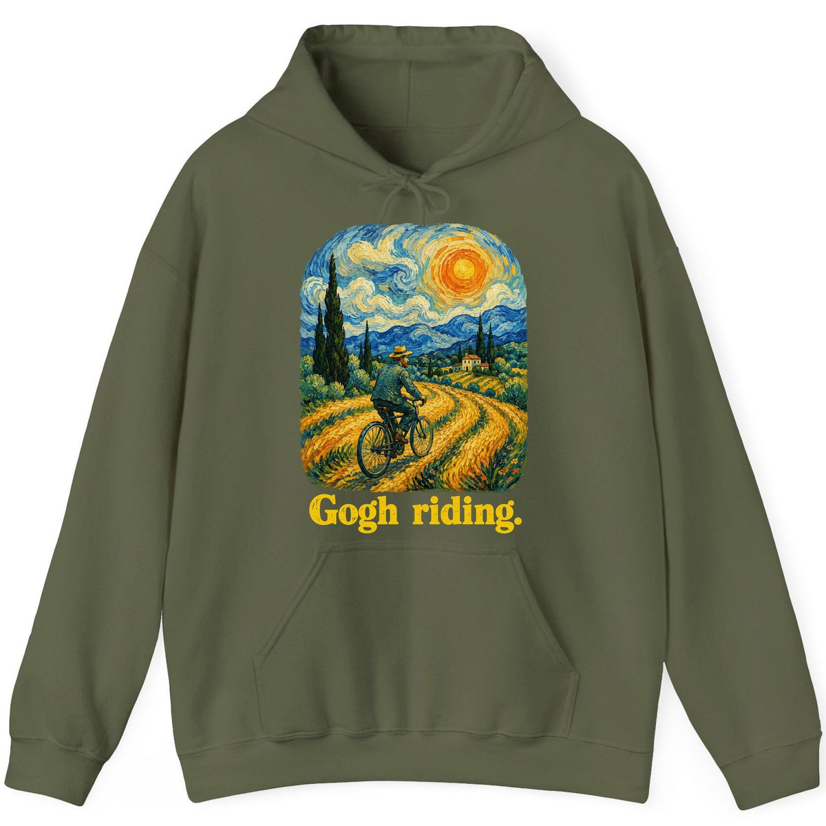 Gogh Riding van gogh parody Hoodie Military Green product mockup