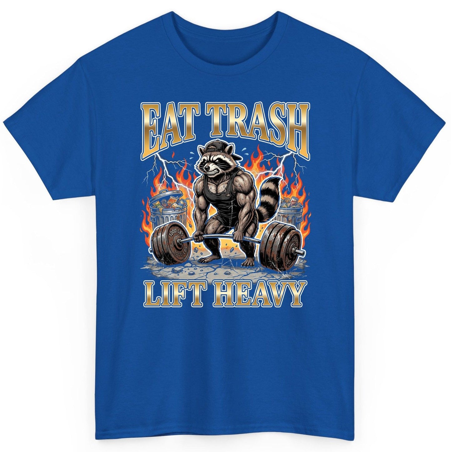 Eat Trash Lift Heavy weightlifting raccoon T-Shirt Royal product mockup