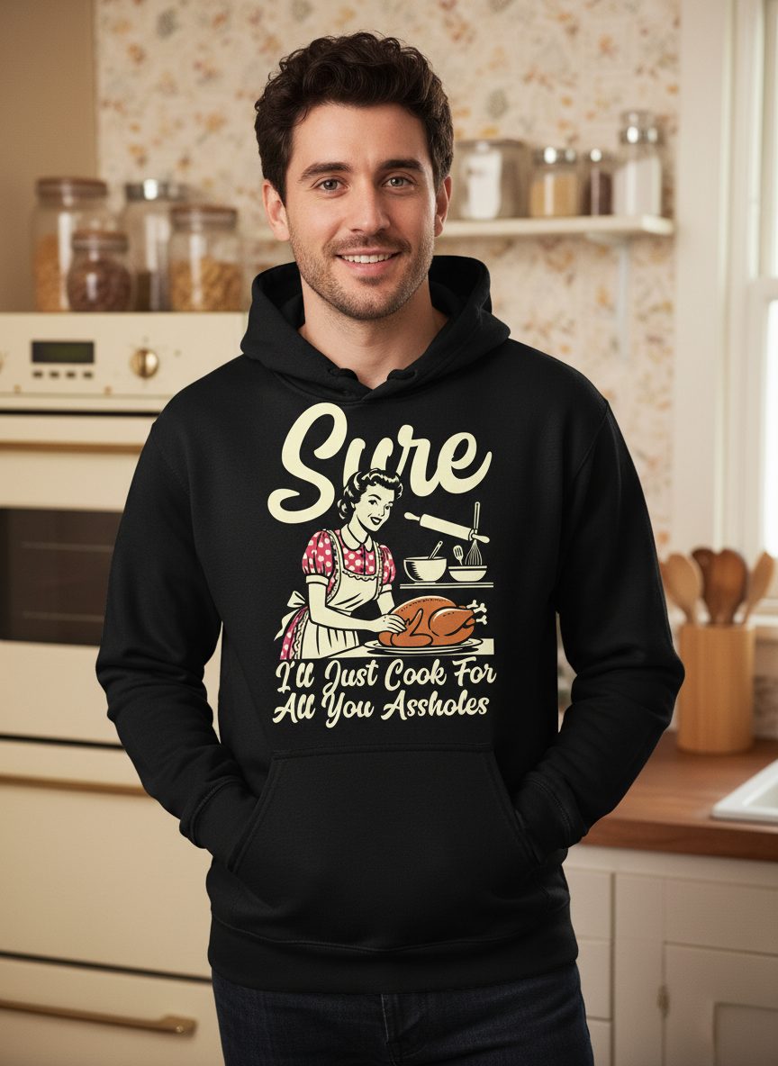 Sure I'll Just Cook for All You Assholes sarcastic housewife Hoodie Black lifestyle mockup