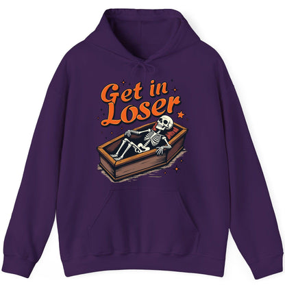 Get in Loser skeleton in coffin Hoodie Purple product mockup