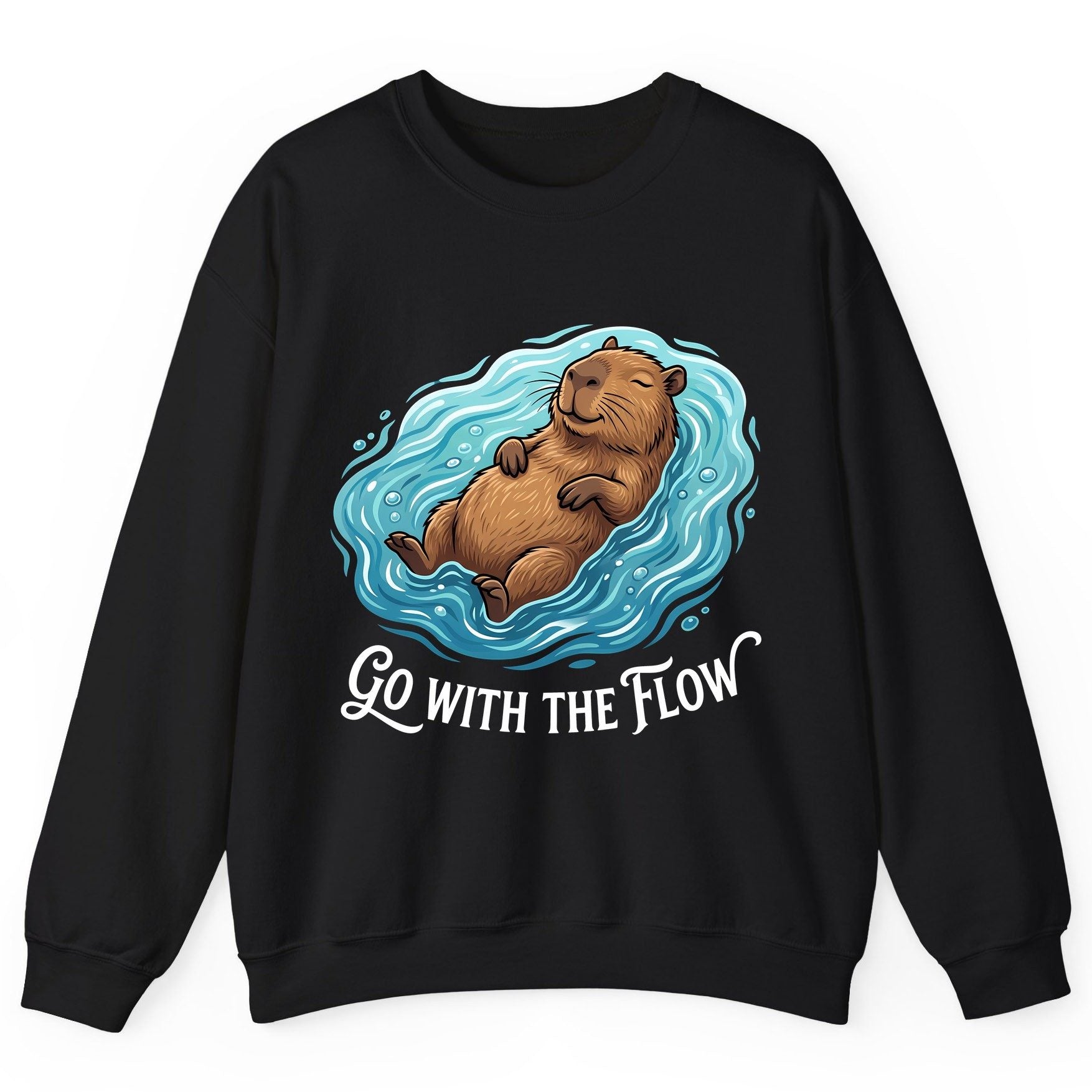 Go WITH THE Flow Funny Capybara Sweatshirt - product mockup - Black