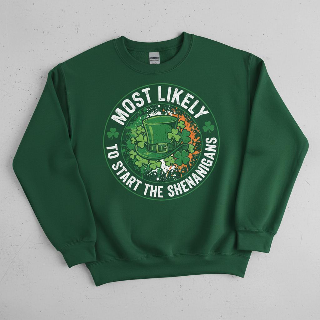 Most Likely To Start The Shenanigans St. Patrick's Day Design Sweatshirt - Forest Green