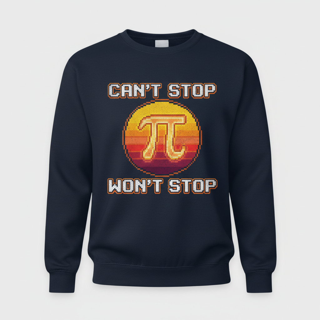 Can't Stop Won't Stop Pi Symbol Retro 8-Bit Math Pun Sweatshirt - Navy