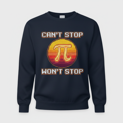 Can't Stop Won't Stop Pi Symbol Retro 8-Bit Math Pun Sweatshirt - Navy