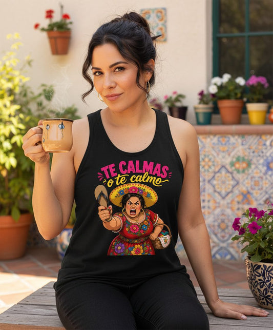 Te Calmas O Te Calmo Funny Latina Mom Tank Top - lifestyle model mockup - Black