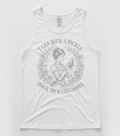 Vintage Victorian "I Can Suck a Pickle Back to a Cucumber" Design Tank Top - White