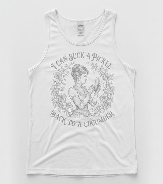 Vintage Victorian "I Can Suck a Pickle Back to a Cucumber" Design Tank Top - White