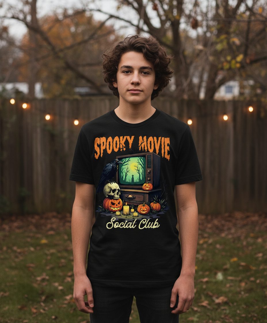 Spooky Movie Social Club Halloween Youth T-Shirt Black lifestyle mockup