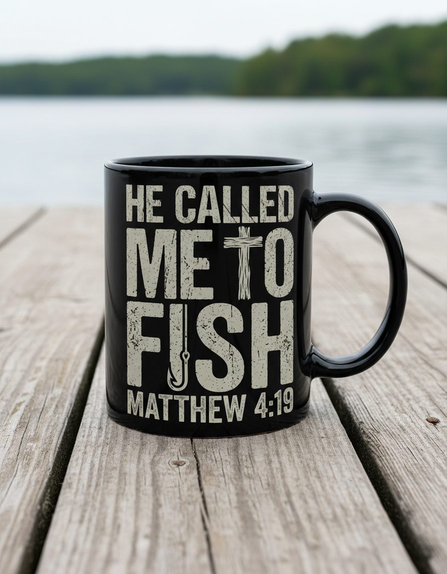 He Called Me to Fish Matthew 4 19 Christian Fishing Black Mug - product mockup - Black