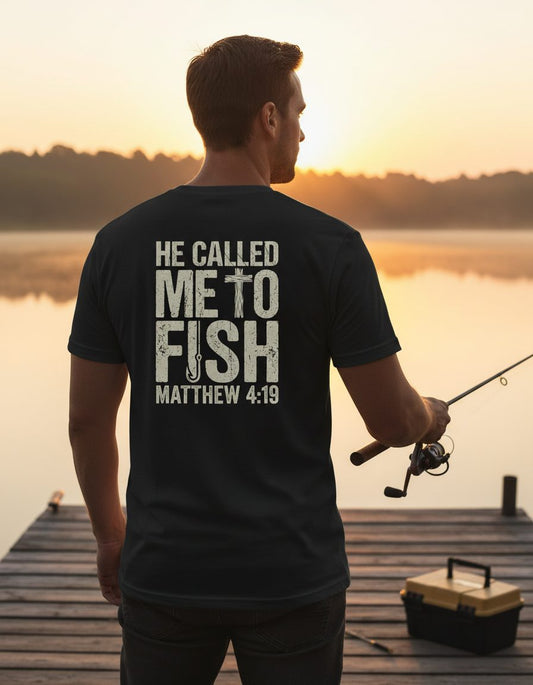 He Called Me to Fish Matthew 4 19 Christian Fishing T-Shirt - lifestyle model mockup - Black