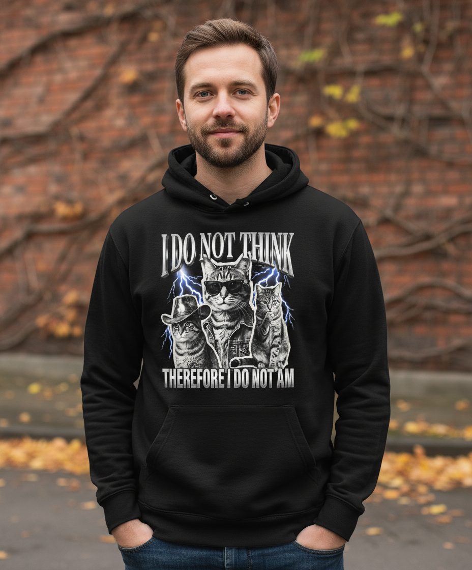 I Do Not Think Therefore I Do Not Am cats Hoodie Black lifestyle mockup