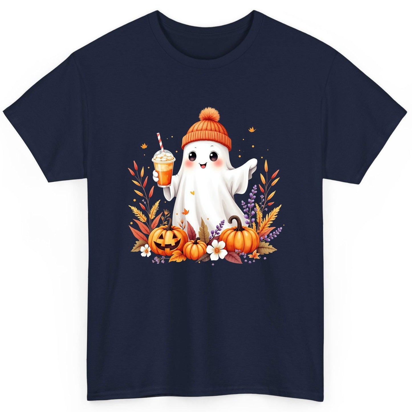 Cute Ghost Pumpkin Spice Latte cute Halloween ghost T-Shirt Navy product mockup
