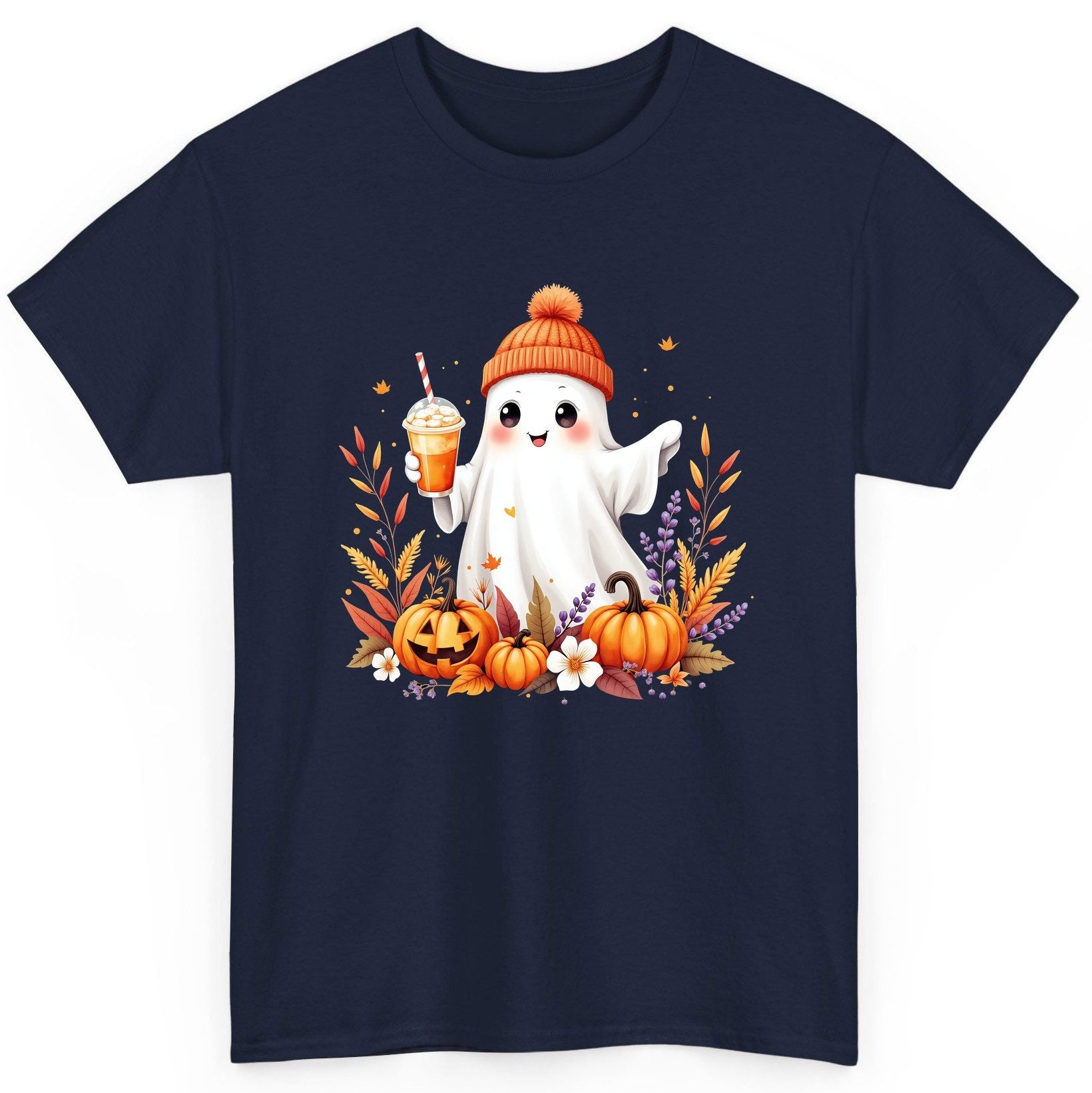 Cute Ghost Pumpkin Spice Latte cute Halloween ghost T-Shirt Navy product mockup