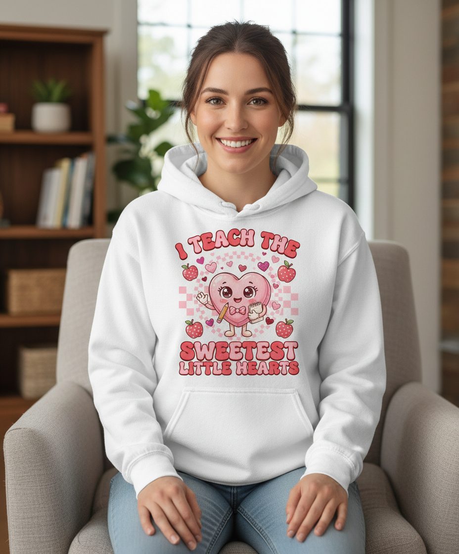 I Teach the Sweetest Little Hearts teaching Hoodie White lifestyle mockup