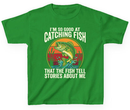 I'm So Good at Catching Fish That the Fish Tell Stories About Me fishing Youth T-Shirt Irish Green product mockup