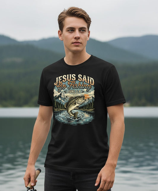 JESUS SAID Go Fishing LUKE 5 4 Retro Christian Youth T-Shirt - lifestyle model mockup - Black