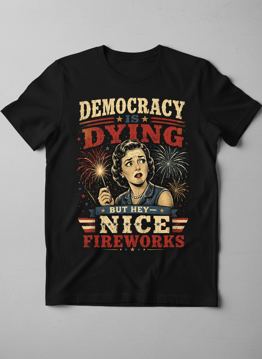 Democracy Is Dying but Hey Nice Fireworks T-Shirt - product mockup - Black