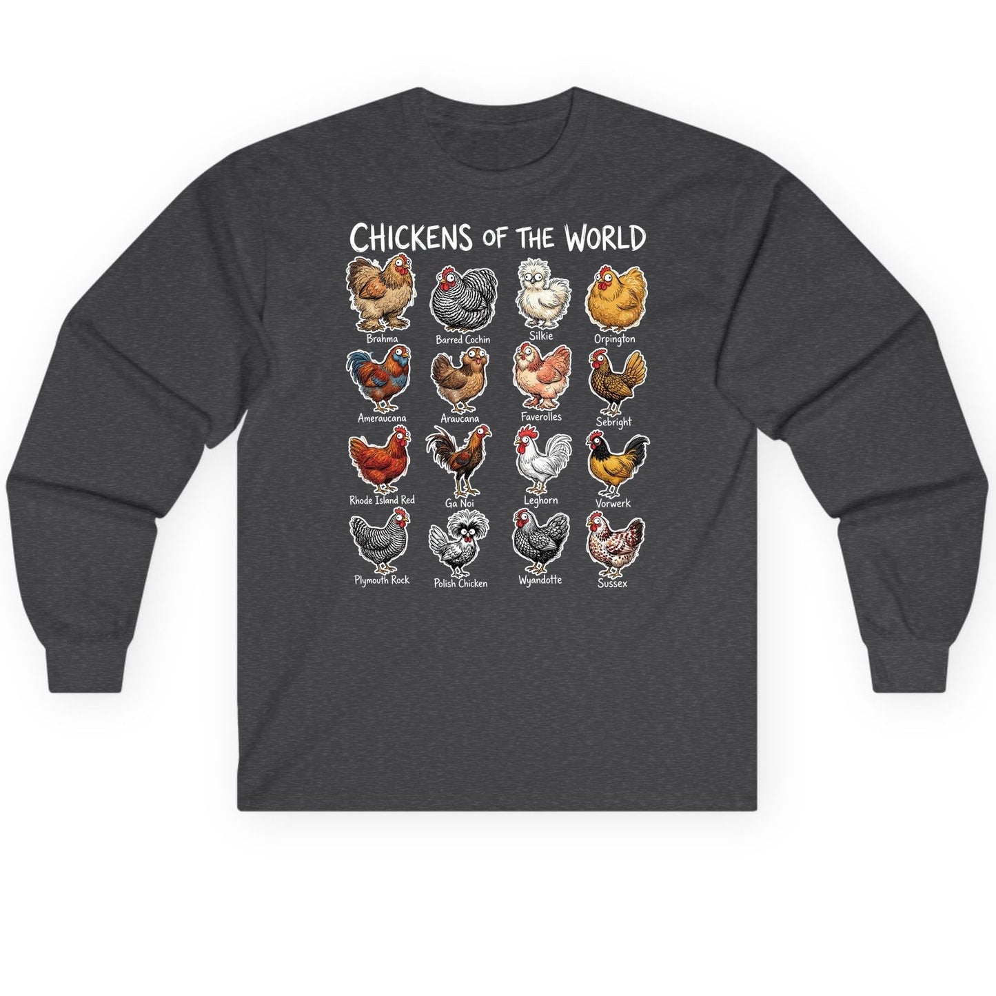 Chickens of the World chicken breeds Long Sleeve Tee Dark Heather product mockup