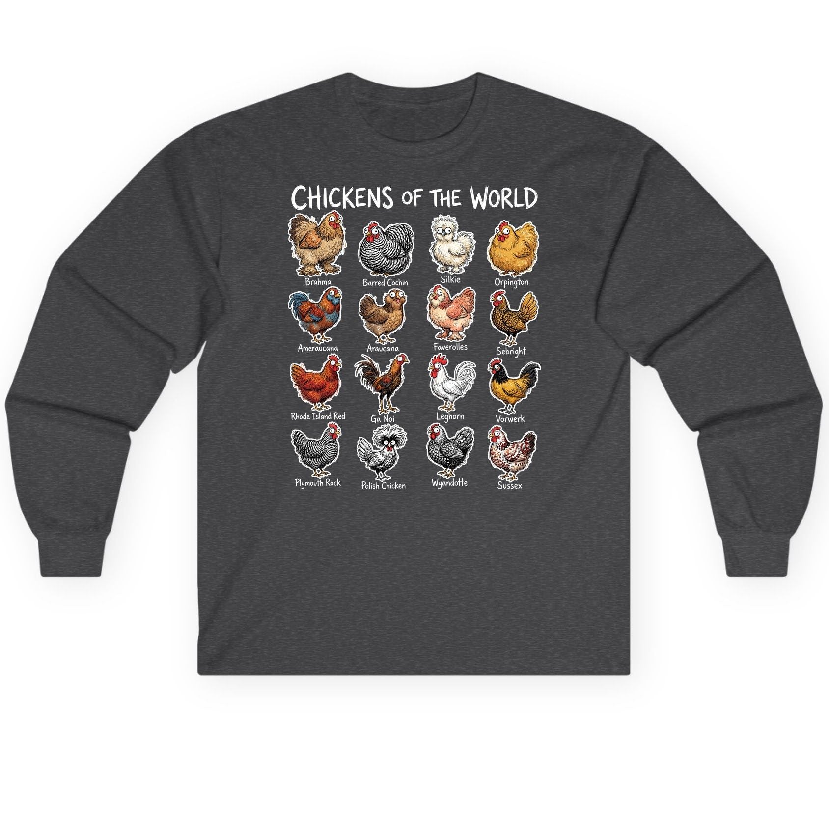 Chickens of the World chicken breeds Long Sleeve Tee Dark Heather product mockup