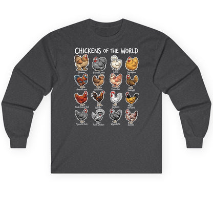 Chickens of the World chicken breeds Long Sleeve Tee Dark Heather product mockup