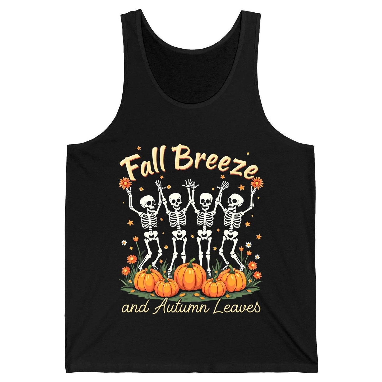 Fall Breeze and Autumn Leaves dancing skeletons Tank Top Black product mockup
