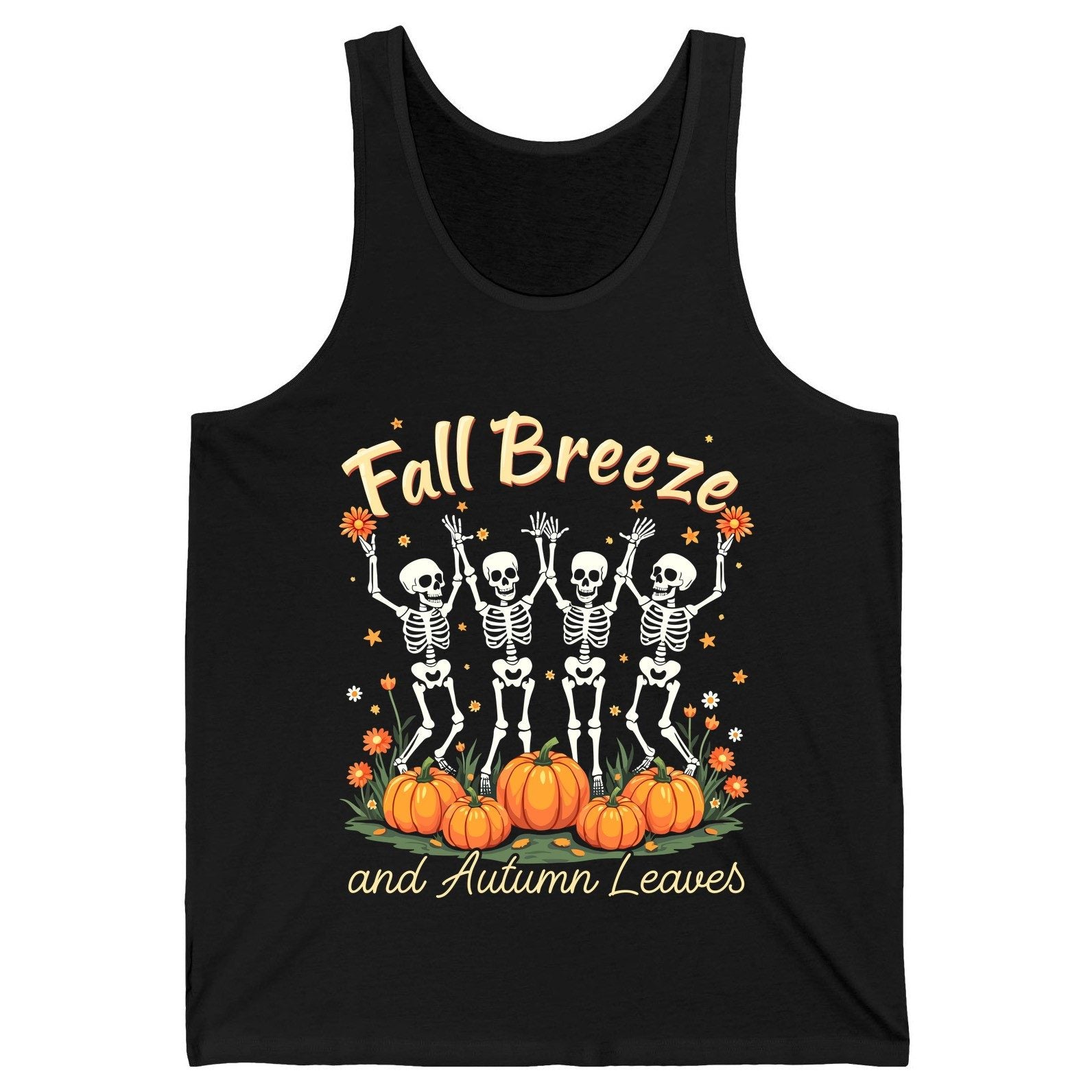 Fall Breeze and Autumn Leaves dancing skeletons Tank Top Black product mockup