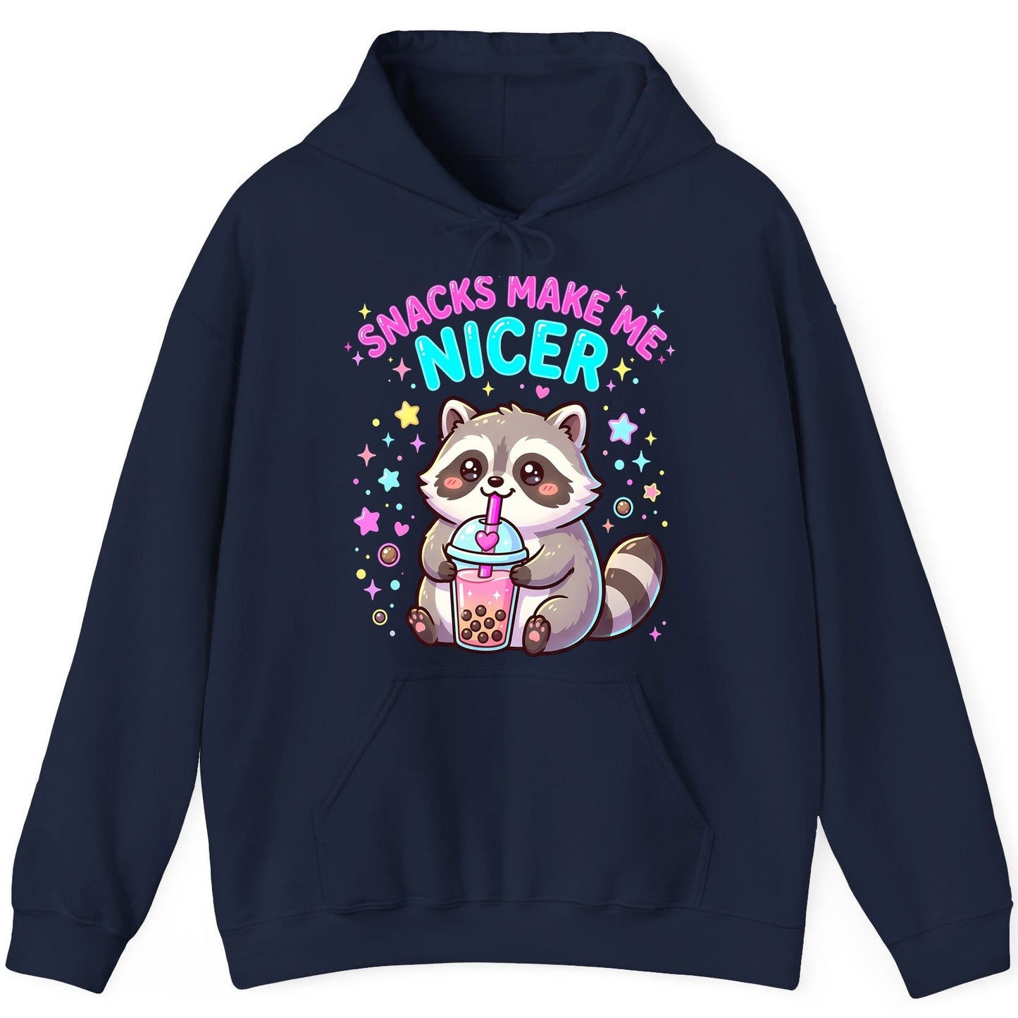 SNACKS MAKE ME NICER Funny Raccoon Hoodie - product mockup - Navy