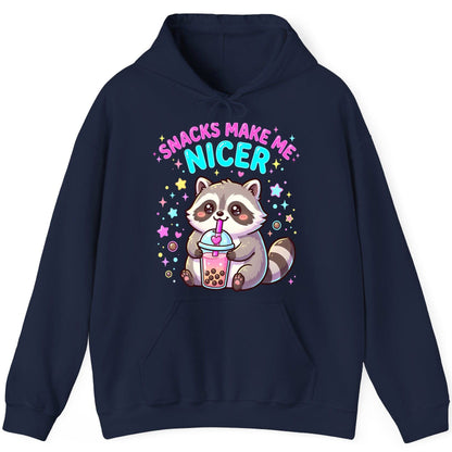 SNACKS MAKE ME NICER Funny Raccoon Hoodie - product mockup - Navy