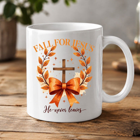 Fall for Jesus He Never Leaves christian faith White Mug White product mockup