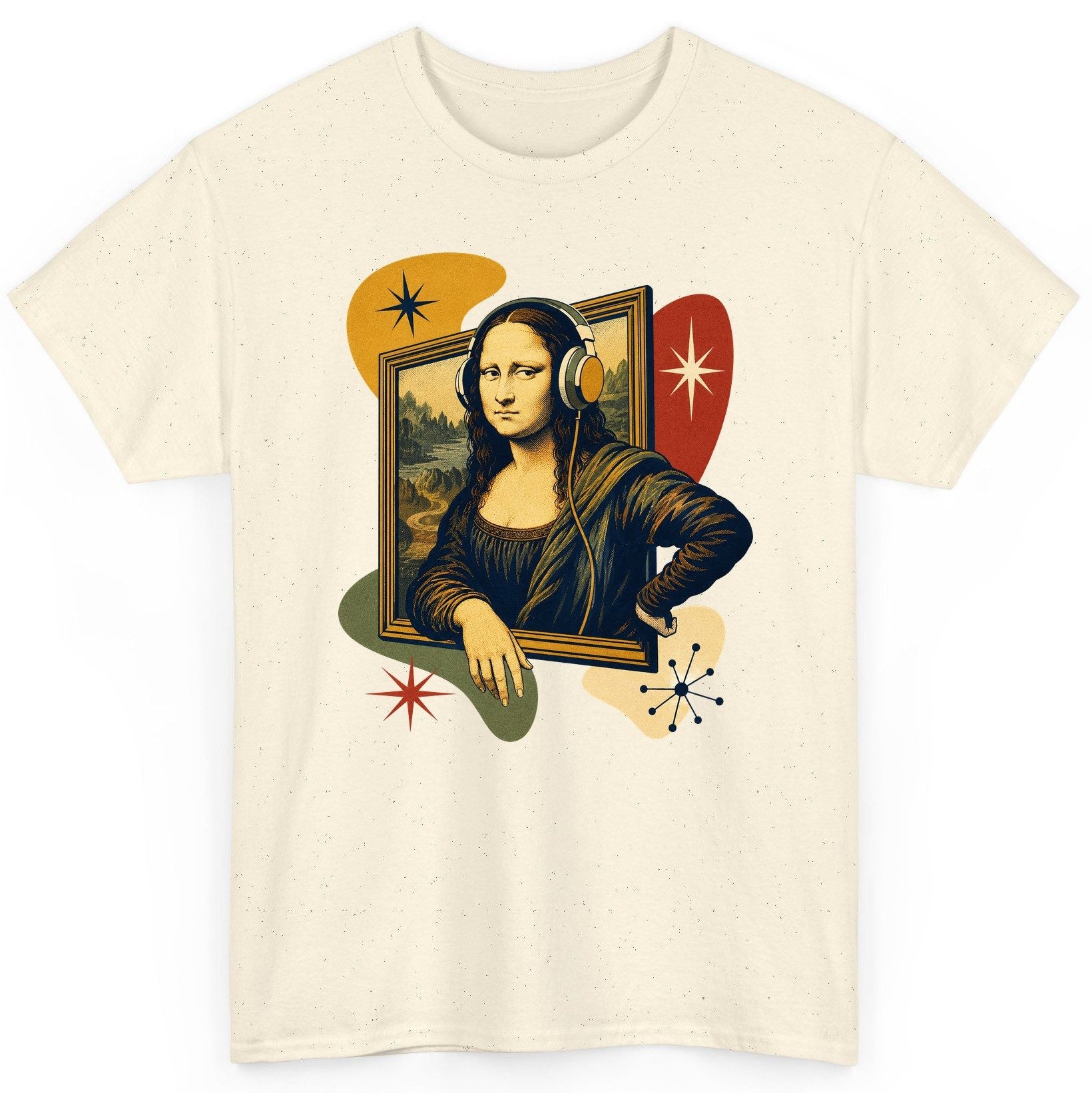 Retro Mona Lisa with Headphones Funny Art Lovers T-Shirt - product mockup - Natural