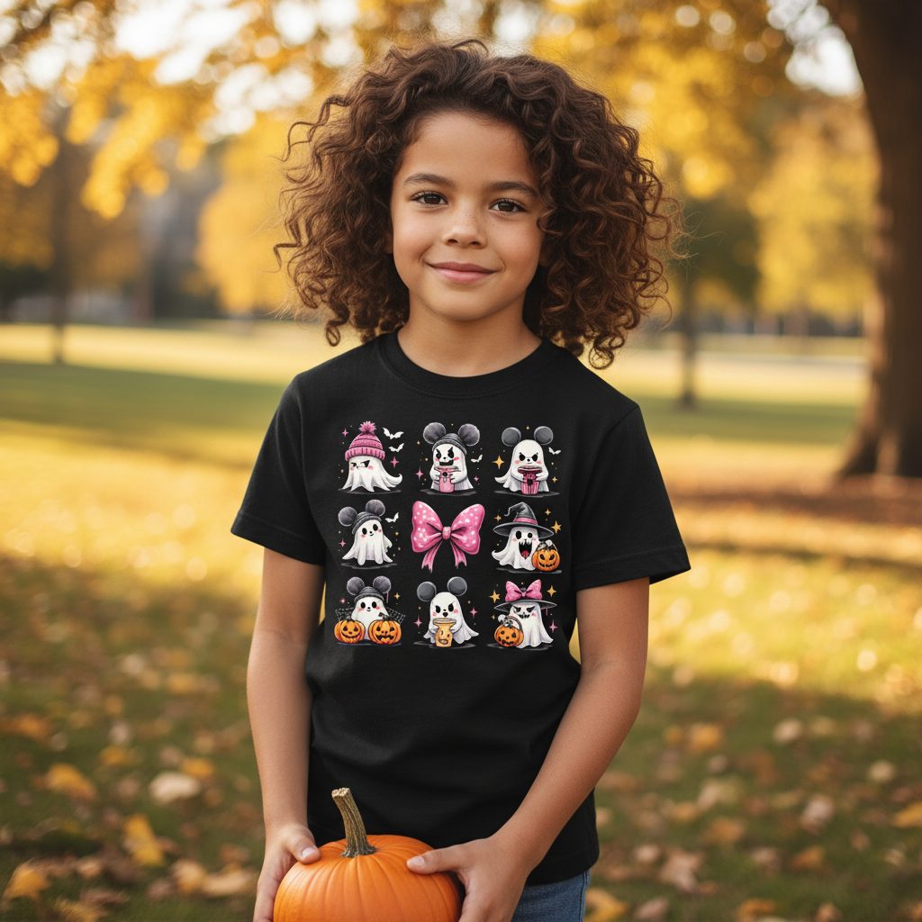 Cute Pink Halloween Ghosts Halloween ghosts Youth T-Shirt Black lifestyle mockup