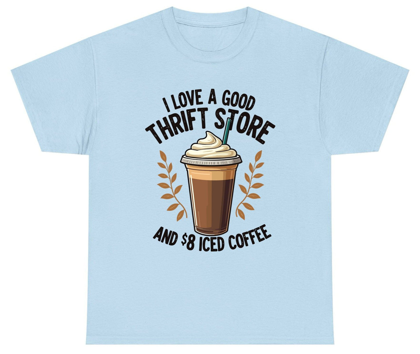 I Love a Good Thrift Store and 8 Iced Coffee coffee and thrifting Youth T-Shirt Light Blue product mockup