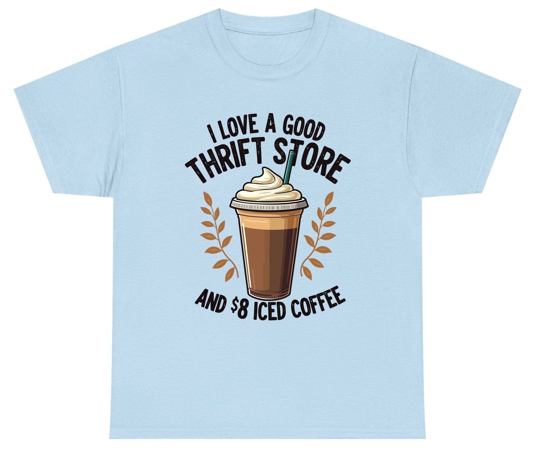 I Love a Good Thrift Store and 8 Iced Coffee coffee and thrifting Youth T-Shirt Light Blue product mockup
