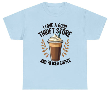 I Love a Good Thrift Store and 8 Iced Coffee coffee and thrifting Youth T-Shirt Light Blue product mockup