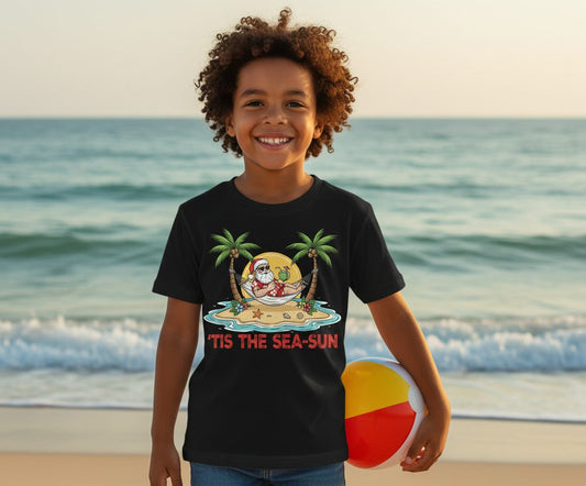 'Tis the Sea-Sun santa claus on a tropical vacation Youth T-Shirt Black lifestyle mockup