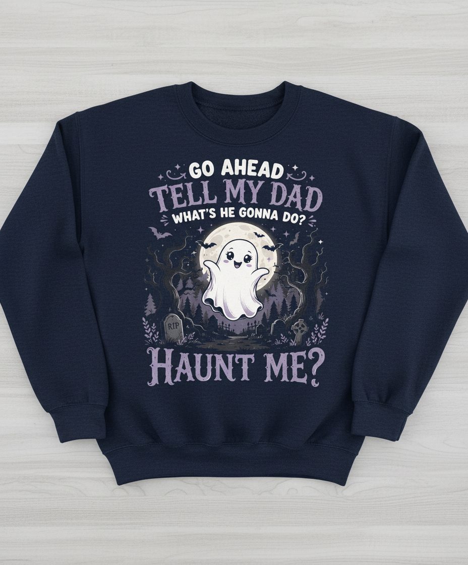 Go Ahead Tell My Dad What's He Gonna Do Haunt Me Sweatshirt - product mockup - Navy