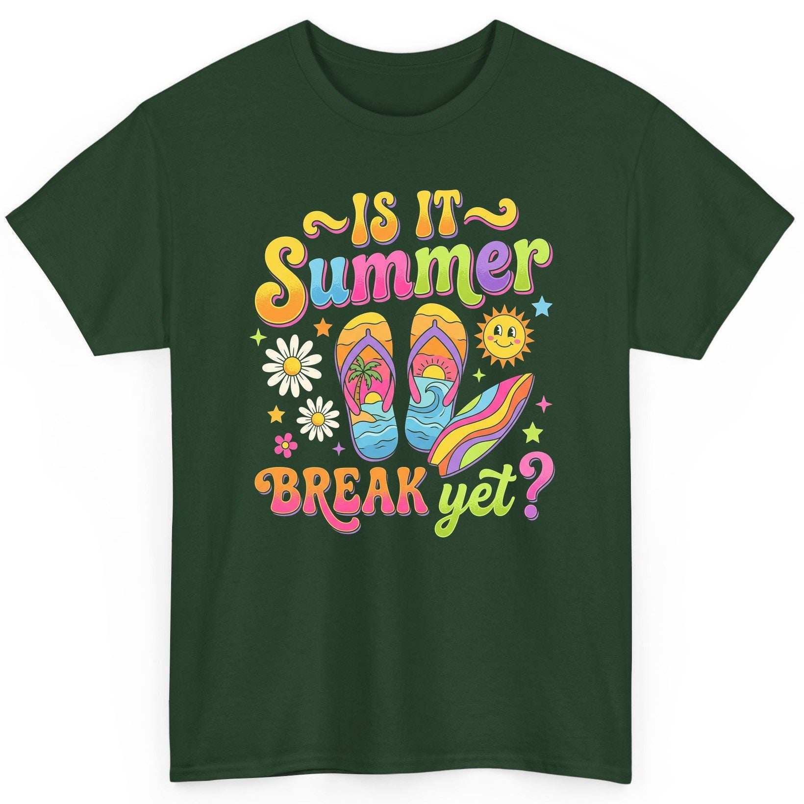 Is It Summer Break Yet Retro Vacation T-Shirt - product mockup - Forest Green