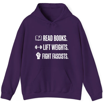 Read Books Lift Weights Fight Fascists Activism Hoodie - product mockup - Purple