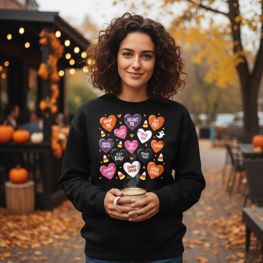 Spooky Halloween Conversation Hearts Halloween conversation hearts Sweatshirt Black lifestyle mockup