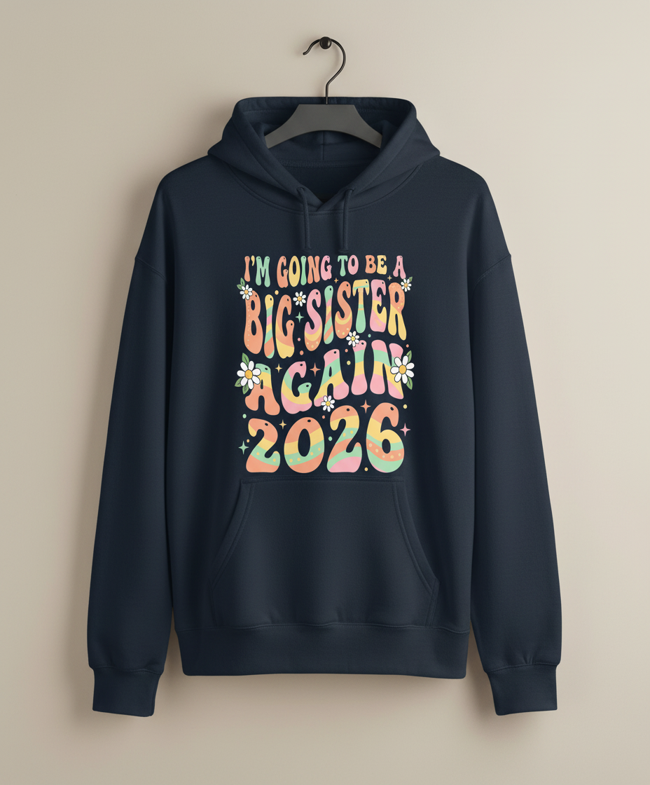 I'm Going To Be A Big Sister Again 2026 Groovy Retro Announcement Hoodie - Navy