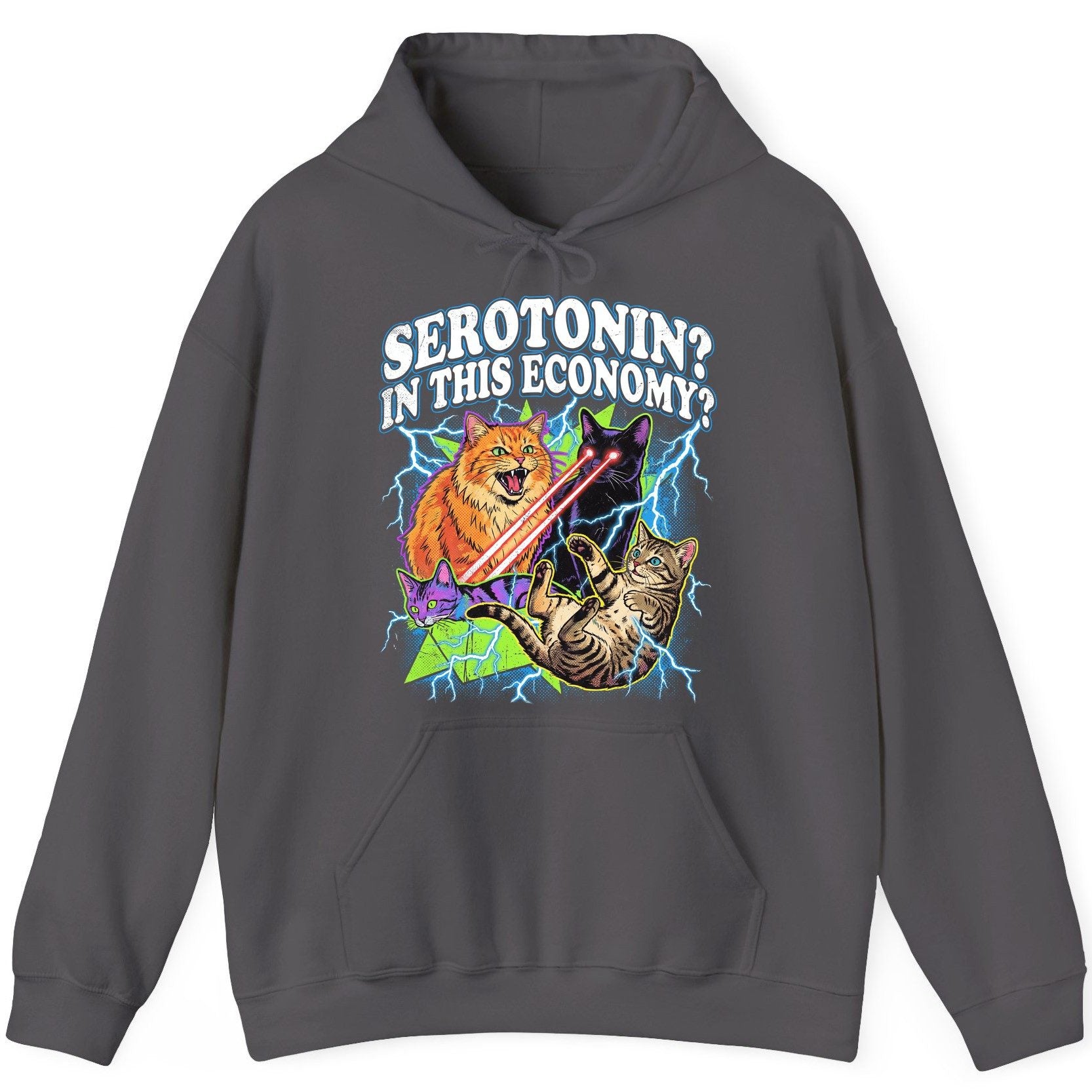 Serotonin in This Economy? cats Hoodie Charcoal product mockup
